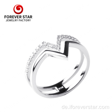 Silber-CZ-Schmuck-Doppel-V-Form-Fingerring